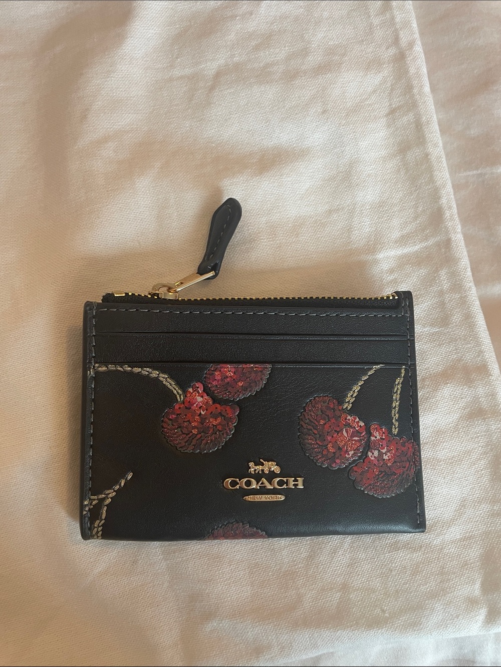 Coach Black Leather Cherry print slim ID card case wallet